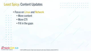Least Spicy: Content Updates
• Focus on Linux and Network
• More content
• More CTI
• Fill in the gaps
© 2024 The MITRE Corporation. All rights reserved. Approved for public release. Distribution unlimited 24-00779-13.
 