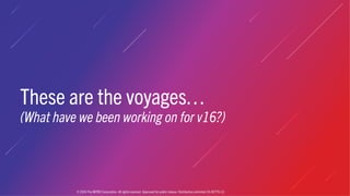 These are the voyages…
(What have we been working on for v16?)
© 2024 The MITRE Corporation. All rights reserved. Approved for public release. Distribution unlimited 24-00779-13.
 