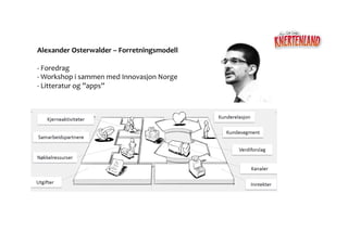 Alexander	
  Osterwalder	
  –	
  Forretningsmodell	
  	
  

-­‐	
  Foredrag	
  
-­‐	
  Workshop	
  i	
  sammen	
  med	
  Innovasjon	
  Norge	
  
-­‐	
  Litteratur	
  og	
  ”apps”	
  	
  
 