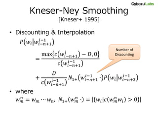 Kneser-Ney Smoothing
[Kneser+ 1995]
• Discounting & Interpolation
𝑃 𝑤𝑖 𝑤𝑖−𝑛+1
𝑖−1
=
max 𝑐 𝑤𝑖−𝑛+1
𝑖
− 𝐷, 0
𝑐 𝑤𝑖−𝑛+1
𝑖−1
+
𝐷...