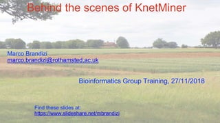 Behind the scenes of KnetMiner
Marco Brandizi
marco.brandizi@rothamsted.ac.uk
Bioinformatics Group Training, 27/11/2018
Find these slides at:
https://www.slideshare.net/mbrandizi
 