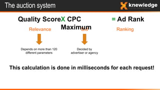 The auction system
Quality Score
Relevance Bid Ranking
Depends on more than 120
different parameters
Decided by
advertiser or agency
This calculation is done in milliseconds for each request!
X CPC
Maximum
= Ad Rank
 