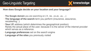 Geo-Linguistic Targeting
How does Google decide on your location and your language?
◦ The Google domain you are searching on (.fr, .be, .co.uk, .us, ...)
◦ The language of the search term you perform (insurance, assurance,
verzekering...)
◦ Your I.P. address (which determines the geographical position)
Rarely the actual place of the user, because it is the server of the internet provider
which serves as a reference.
◦ Language preferences set on the search engine
◦ Language of the sites you previously visited
 