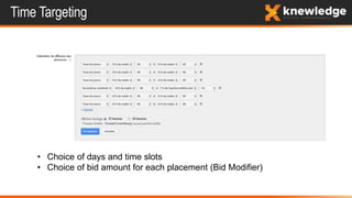 Time Targeting
• Choice of days and time slots
• Choice of bid amount for each placement (Bid Modifier)
 