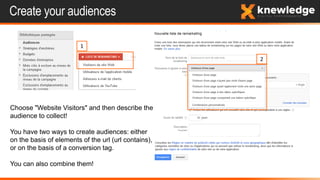 Create your audiences
1
2
Choose "Website Visitors" and then describe the
audience to collect!
You have two ways to create audiences: either
on the basis of elements of the url (url contains),
or on the basis of a conversion tag.
You can also combine them!
 