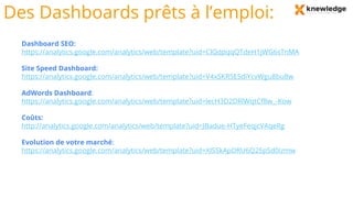 Dashboard SEO:
https://analytics.google.com/analytics/web/template?uid=ClQdpqqQTdeH1jWG6sTnMA
Site Speed Dashboard:
https://analytics.google.com/analytics/web/template?uid=V4xSKR5ESdiYcvWgu8bu8w
AdWords Dashboard:
https://analytics.google.com/analytics/web/template?uid=lecH3D2DRlWqtCf8w_-Kow
Coûts:
http://analytics.google.com/analytics/web/template?uid=JBadue-HTyeFeqjcVAqeRg
Evolution de votre marché:
https://analytics.google.com/analytics/web/template?uid=XISSkApDRU6Q25pSd0izmw
Des Dashboards prêts à l’emploi:
 