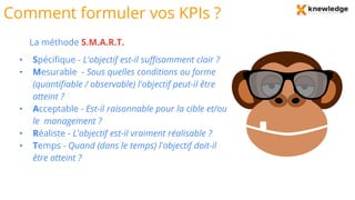 Comment formuler vos KPIs ?
La méthode S.M.A.R.T.
• Spécifique - L'objectif est-il suffisamment clair ?
• Mesurable - Sous quelles conditions ou forme
(quantifiable / observable) l'objectif peut-il être
atteint ?
• Acceptable - Est-il raisonnable pour la cible et/ou
le management ?
• Réaliste - L'objectif est-il vraiment réalisable ?
• Temps - Quand (dans le temps) l'objectif doit-il
être atteint ?
 