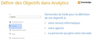 Définir des Objectifs dans Analytics
Demandez de l’aide pour la définition
de vos objectifs à:
• votre service informatique
• votre agence
• La personne qui gère votre site web
 