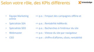 Selon votre rôle, des KPIs différents
• Equipe Marketing => p.e. : l’impact des campagnes offline et
online
• Spécialiste SEA => p.e. : Rentabilité AdWords
• Spécialiste SEO => p.e. : Recherches à l'intérieur du site
• Webmaster => p.e. : Vitesse du site par navigateur
• CEO => p.e : chiffre d'affaires, côuts, rentabilité
 