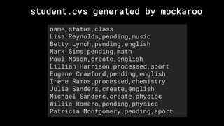 name,status,class
Lisa Reynolds,pending,music
Betty Lynch,pending,english
Mark Sims,pending,math
Paul Mason,create,english
Lillian Harrison,processed,sport
Eugene Crawford,pending,english
Irene Ramos,processed,chemistry
Julia Sanders,create,english
Michael Sanders,create,physics
Willie Romero,pending,physics
Patricia Montgomery,pending,sport
student.cvs generated by mockaroo
 