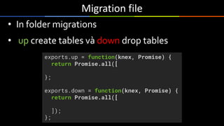 Migration	file
• In folder migrations
• up create tables và down drop tables
exports.up = function(knex, Promise) {
return Promise.all([
};
exports.down = function(knex, Promise) {
return Promise.all([
]);
};
 