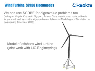 Wind Turbine: SCRBE Eigenmodes
We can use SCRBE for eigenvalue problems too
(Vallaghé, Huynh, Knezevic, Nguyen, Patera, Component-based reduced basis
for parametrized symmetric eigenproblems. Advanced Modeling and Simulation in
Engineering Sciences, 2015)
Model of offshore wind turbine
(joint work with LIC Engineering)
 