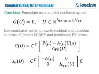Coupled SCRBE/FE for Nonlinear
Core idea: Formulate as a coupled nonlinear system
Use constraint matrix to rewrite residual and Jacobian
in terms of (linear) SCRBE and (nonlinear) FE terms:
 