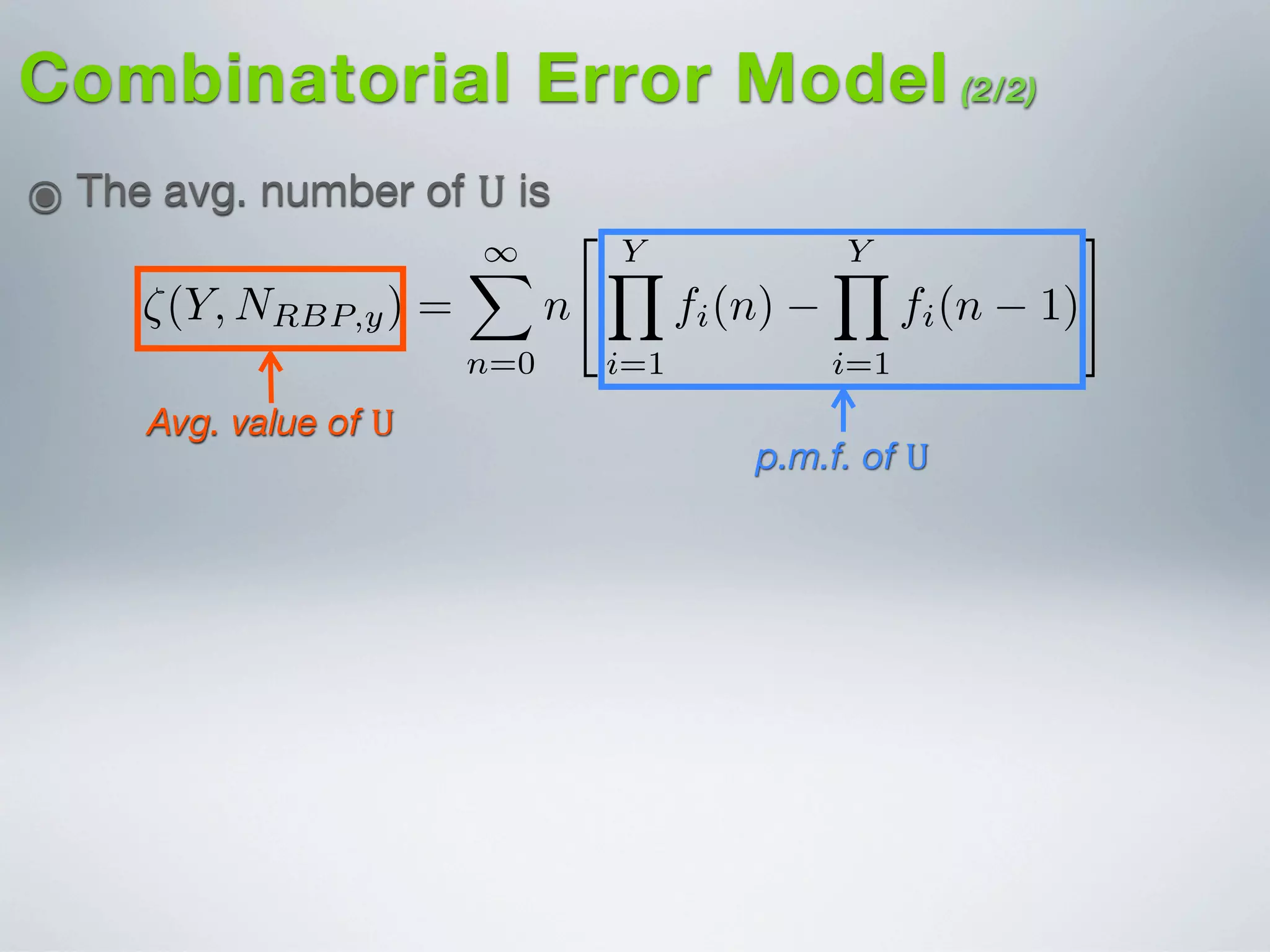 Combinatorial Error Model (2/2)
๏ The avg. number of U is
Avg. value of U
⇣(Y, NRBP,y) =
1X
n=0
n
" YY
i=1
fi(n)
YY
i=1
fi(n 1)
#
.
TABLE
MINIMUM SUSTAINED BITRATE
LCG-S/R
Generation FR-S Bitrate
Length [Mbps]
125 1.4 v
625 1.5 v1
1125 1.6 v1
1200 1.6 v1 =
p.m.f. of U
 