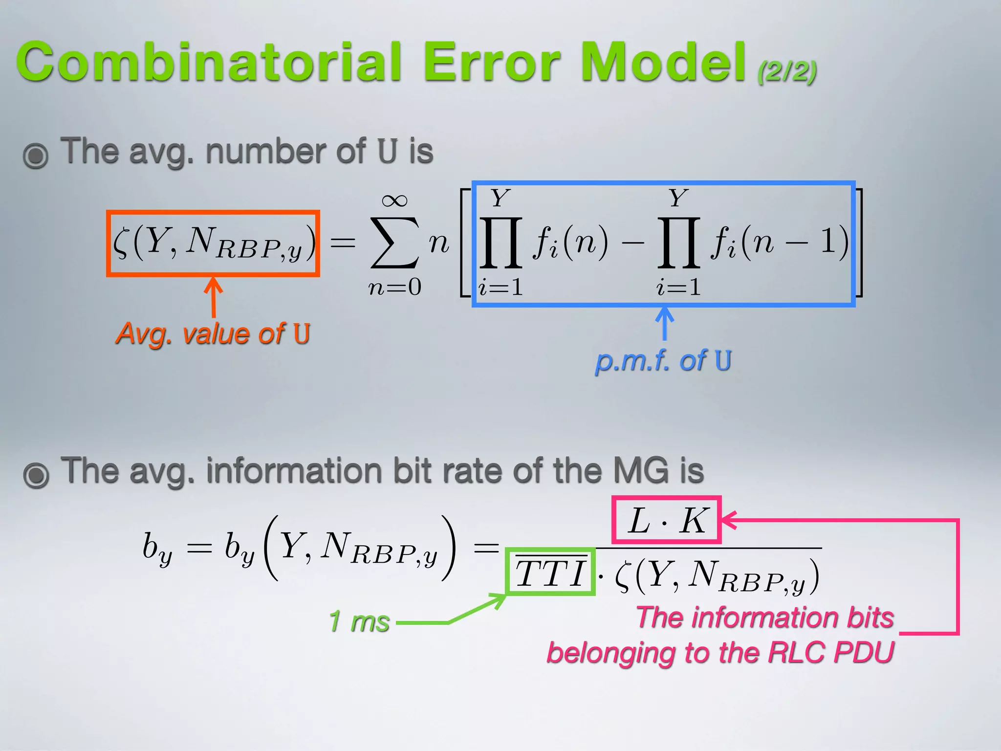 Combinatorial Error Model (2/2)
๏ The avg. information bit rate of the MG is
resource sharing among MGs with the goal of matching th
sustainable data rates requested by the set of heterogeneou
UEs. The presented Rate Adaptation Model (RAM) ﬁts to th
system model where the optimal rate allocation is provided b
the eNB, for example, for maximum user satisfaction durin
the transmission of layered scalable video source. We assum
that the provided allocation (i.e., the dimensions in terms o
RBPs of PHY TBs directed to each MG) cannot be change
during the video broadcasting process.
From Eq. (6) the k-th MG will receive an informatio
stream characterized by a bit rate deﬁned as follows:
by = by
⇣
Y, NRBP,y
⌘
=
L · K
TTI · ⇣(Y, NRBP,y)
[bps]. (7
In this speciﬁc context the RAM optimisation model can b
deﬁned as follows (N+
= N  {0}):
The information bits
belonging to the RLC PDU
1 ms
๏ The avg. number of U is
Avg. value of U
⇣(Y, NRBP,y) =
1X
n=0
n
" YY
i=1
fi(n)
YY
i=1
fi(n 1)
#
.
TABLE
MINIMUM SUSTAINED BITRATE
LCG-S/R
Generation FR-S Bitrate
Length [Mbps]
125 1.4 v
625 1.5 v1
1125 1.6 v1
1200 1.6 v1 =
p.m.f. of U
 
