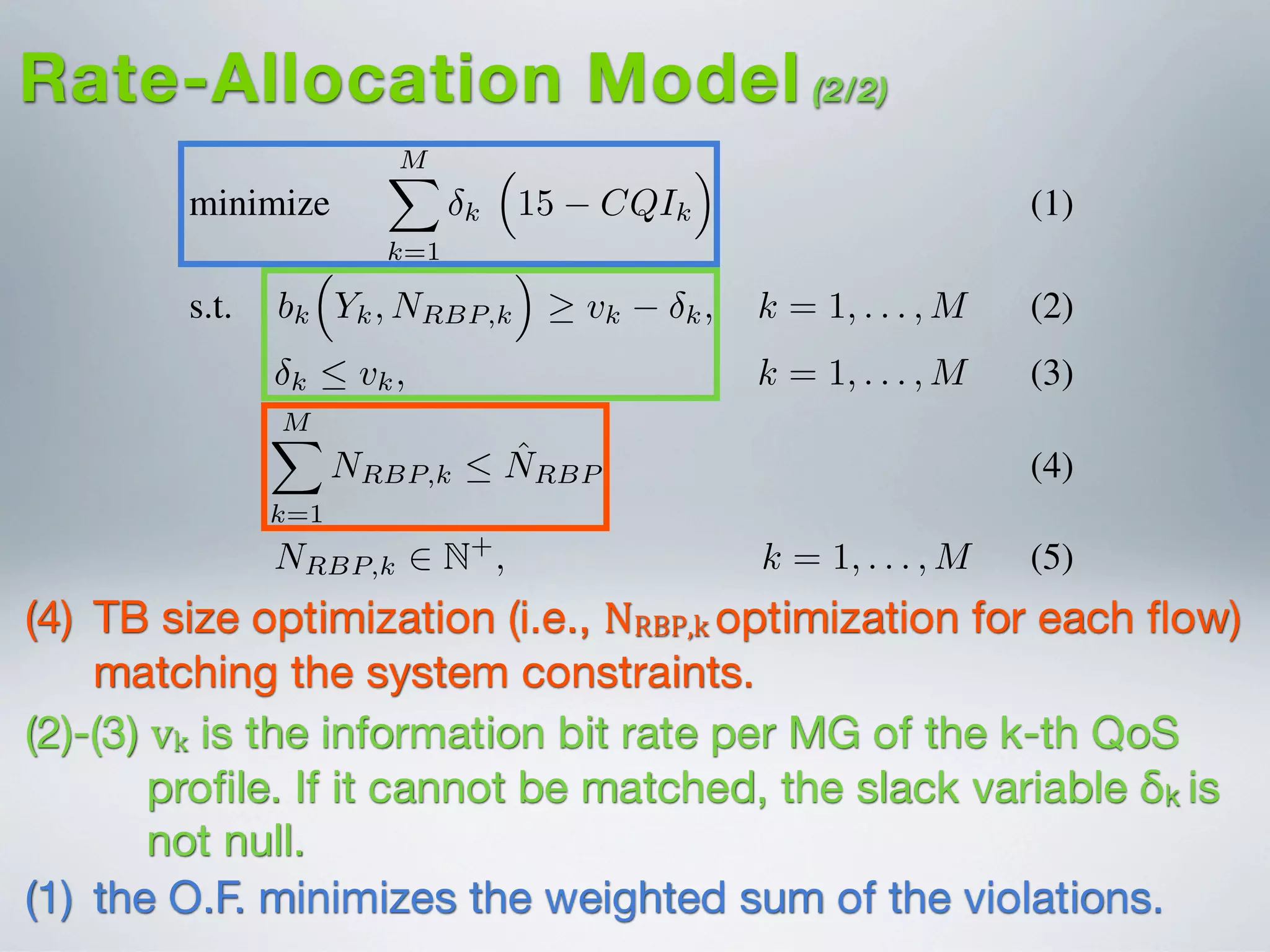 I. INTRODUCTION
minimize
MX
k=1
k
⇣
15 CQIk
⌘
(1)
s.t. bk
⇣
Yk, NRBP,k
⌘
vk k, k = 1, . . . , M (2)
k  vk, k = 1, . . . , M (3)
MX
k=1
NRBP,k  ˆNRBP (4)
NRBP,k 2 N+
, k = 1, . . . , M (5)
Video content delivery over fourth generation (4G) net-
works, such as Long-Term Evolution (LTE)/LTE-Advanced
(LTE-A), is estimated to grow 18-fold between 2011-2016
[?]. This growth is mainly attributed to the surge in demand
for bandwidth-intensive mobile multimedia services by LTE-
based smartphones, tablets and laptops. 3GPP standards pro-
vide a bandwidth efﬁcient broadcast and multicast solution
access con
network (R
round-trip
beneﬁts sp
The foc
multi-rate
proach is
MAC-RNC
of heterog
proposed
applied to
different m
feasibility
service th
Its efﬁcien
against the
realistic LT
The pa
the necess
LTE/LTE-
LTE/LTE-
Rate-Allocation Model (2/2)
(2)-(3) vk is the information bit rate per MG of the k-th QoS
proﬁle. If it cannot be matched, the slack variable δk is
not null.
(4) TB size optimization (i.e., NRBP,k  optimization for each ﬂow)
matching the system constraints.
(1) the O.F. minimizes the weighted sum of the violations.
 