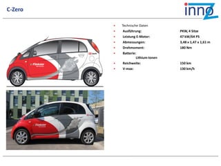 C-Zero

            Technische Daten
            Ausführung:              PKW, 4 Sitze
            Leistung E-Motor:        47 kW/64 PS
            Abmessungen:             3,48 x 1,47 x 1,61 m
            Drehmoment:              180 Nm
            Batterie:
                      Lithium-Ionen
            Reichweite:              150 km
            V-max:                   130 km/h
 