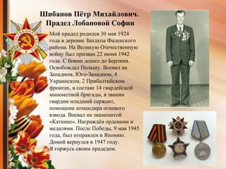 Мой прадед родился 30 мая 1924 
года в деревне Заплаты Фаленского 
района. На Великую Отечественную 
войну был призван 22 июня 1942 
года. С боями дошел до Берлина. 
Освобождал Польшу. Воевал на 
Западном, Юго-Западном, 4 
Украинском, 2 Прибалтийском 
фронтах, в составе 14 гвардейской 
минометной бригады, в звании 
гвардии младший сержант, 
помощник командира огневого 
взвода. Воевал на знаменитой 
«Катюше». Награждён орденами и 
медалями. После Победы, 9 мая 1945 
года, был отправлен в Японию. 
Домой вернулся в 1947 году.
Я горжусь своим прадедом.
Шибанов Пётр Михайлович.
Прадед Лобановой Софии
 