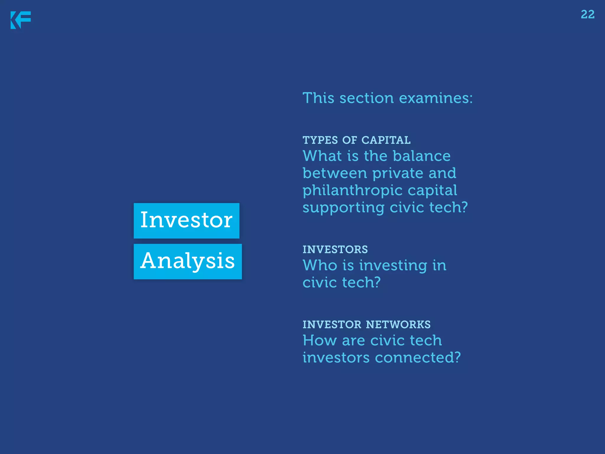 22

This section examines:
types of capital

Investor
Analysis

What is the balance
between private and
philanthropic capital
supporting civic tech?
investors

Who is investing in
civic tech?
investor networks

How are civic tech
investors connected?

 