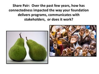 Share Pair: Over the past few years, how has
connectedness impacted the way your foundation
     delivers programs, communicates with
         stakeholders, or does it work?
 