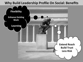 Why	
  Build	
  Leadership	
  Proﬁle	
  On	
  Social:	
  Beneﬁts	
  
	
  
Flexibility	
  
	
  
Enhance	
  Exis>ng	
  
Work	
  
	
  
	
  Learning	
  
	
  
Extend	
  Reach	
  
Build	
  Trust	
  
Less	
  Risk	
  
 