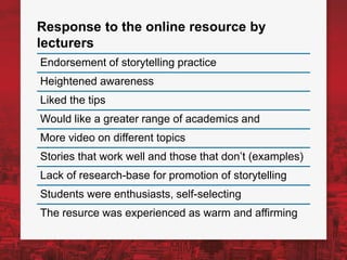 Response to the online resource by
lecturers
Endorsement of storytelling practice
Heightened awareness
Liked the tips
Would like a greater range of academics and
More video on different topics
Stories that work well and those that don’t (examples)
Lack of research-base for promotion of storytelling
Students were enthusiasts, self-selecting
The resurce was experienced as warm and affirming
 