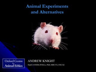 THE COSTS AND BENEFITS O F
ANIMAL EXPERIMENTS
Andrew Knight
90101
9 780230 243927
I S B N 9 7 8 - 0 - 2 3 0 - 2 4 3 9 2 - 7
www.palgrave.com
PrintedinGreatBritain
Leonid Yastremskiy/dream-
ssuescreateasmuch controversy asinvasiveexperimentson
mescientistsclaim they areessential for combating major
ses,or detecting human toxins.Othersclaim thecontrary,
ousandsof patientsharmed by pharmaceuticals developed
tests.Someclaim all experimentsare
umanely,to high scientificstandards.Yet,awealth of
recently revealedthat laboratory animalssuffer significant
may distort experimental results.
eaking scientificresearch,analysisand experienceto provide
sed answersto akey question:isanimal
ght
of animal experimentsto humanhealthcare,whichhave
THECOSTSANDBENEFITSOFANIMALEXPERIMENTS
AndrewKnight
Animal Experiments
and Alternatives
    
ANDREW KNIGHTANDREW KNIGHT
DipECAWBM (AWSEL), DACAW,DipECAWBM (AWSEL), DACAW,
PhD, MANZCVS, MRCVS, SFHEAPhD, MANZCVS, MRCVS, SFHEA
 