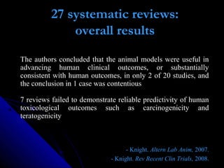 27 systematic reviews:
overall results
The authors concluded that the animal models were useful in
advancing human clinical outcomes, or substantially
consistent with human outcomes, in only 2 of 20 studies, and
the conclusion in 1 case was contentious
7 reviews failed to demonstrate reliable predictivity of human
toxicological outcomes such as carcinogenicity and
teratogenicity
- Knight.- Knight. Altern Lab Anim,Altern Lab Anim, 2007.2007.
- Knight.- Knight. Rev Recent Clin Trials,Rev Recent Clin Trials, 2008.2008.
 