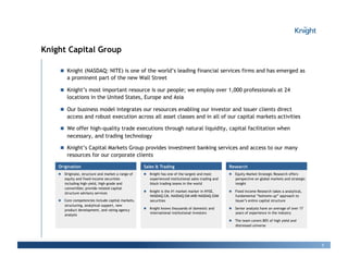 Knight Capital Group

     !! Knight (NASDAQ: NITE) is one of the world’s leading financial services firms and has emerged as
         a prominent part of the new Wall Street

     !! Knight’s most important resource is our people; we employ over 1,000 professionals at 24
         locations in the United States, Europe and Asia

     !! Our business model integrates our resources enabling our investor and issuer clients direct
         access and robust execution across all asset classes and in all of our capital markets activities

     !! We offer high-quality trade executions through natural liquidity, capital facilitation when
         necessary, and trading technology

     !! Knight’s Capital Markets Group provides investment banking services and access to our many
         resources for our corporate clients

    Origination                                     Sales & Trading                                  Research
    !! Originate, structure and market a range of   !! Knight has one of the largest and most        !! Equity Market Strategic Research offers
       equity and fixed-income securities              experienced institutional sales trading and      perspective on global markets and strategic
       including high-yield, high-grade and            block trading teams in the world                 insight
       convertible; provide related capital
                                                    !! Knight is the #1 market marker in NYSE,       !! Fixed Income Research takes a analytical,
       structure advisory services
                                                       NASDAQ CM, NASDAQ GM AND NASDAQ GSM              fundamental “bottoms-up” approach to
    !! Core competencies include capital markets,      securities                                       issuer’s entire capital structure
       structuring, analytical support, new
                                                    !! Knight knows thousands of domestic and        !! Senior analysts have an average of over 17
       product development, and rating agency
                                                       international institutional investors            years of experience in the industry
       analysis
                                                                                                     !! The team covers 80% of high yield and
                                                                                                        distressed universe




                                                                                                                                                      1
 
