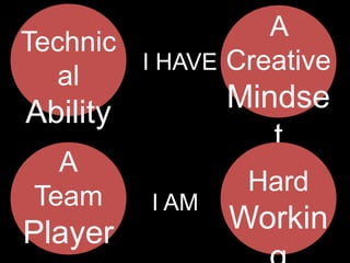 A
Technic
I HAVE Creative
al

Mindse
t

Ability
A
Team

Player

I AM

Hard

Workin

 