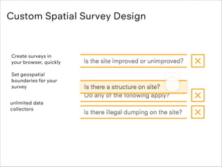 Custom Spatial Survey Design

Create surveys in
your browser, quickly

!

Set geospatial
boundaries for your
survey

!

un...