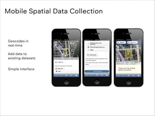 Mobile Spatial Data Collection

Geocodes in
real-time

!

Add data to
existing datasets

!

Simple interface

!

 