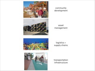 community
development

asset
management

logistics +
supply chains

transportation
infrastructure

 