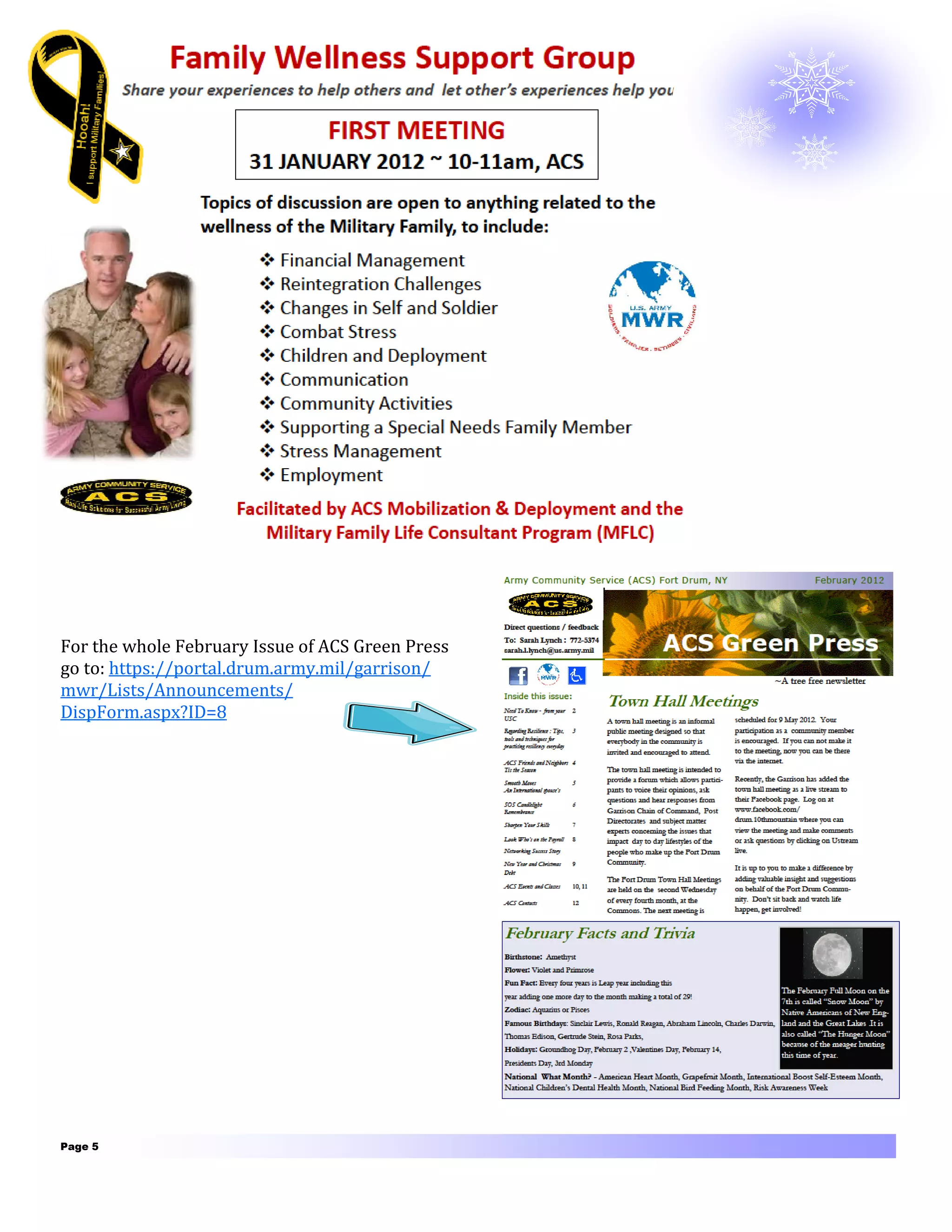 For the whole February Issue of ACS Green Press
go to: https://portal.drum.army.mil/garrison/
mwr/Lists/Announcements/
DispForm.aspx?ID=8




Page 5
 