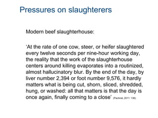 Pressures on slaughterers
Modern beef slaughterhouse:
‘At the rate of one cow, steer, or heifer slaughtered
every twelve seconds per nine-hour working day,
the reality that the work of the slaughterhouse
centers around killing evaporates into a routinized,
almost hallucinatory blur. By the end of the day, by
liver number 2,394 or foot number 9,576, it hardly
matters what is being cut, shorn, sliced, shredded,
hung, or washed: all that matters is that the day is
once again, finally coming to a close’ (Pachirat, 2011: 138).
 