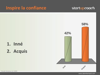 Inspire la confiance


                                         58%

                               42%


       1. Inné
       2. Acquis




                                              s
                               né




                                           ui
                             In




                                        cq
                                       A
Claude Ananou (c) 2009
                                     www.alaintheriault.com
 