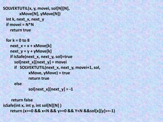 SOLVEKTUTIL(x, y, movei, sol[N][N],
xMove[N], yMove[N])
int k, next_x, next_y
if movei = N*N
return true
for k = 0 to 8
next_x = x + xMove[k]
next_y = y + yMove[k]
if isSafe(next_x, next_y, sol)=true
sol[next_x][next_y] = movei
if SOLVEKTUTIL(next_x, next_y, movei+1, sol,
xMove, yMove) = true
return true
else
sol[next_x][next_y] = -1
return false
isSafe(int x, int y, int sol[N][N] )
return (x>=0 && x<N && y>=0 && Y<N &&sol[x][y]==-1)
 