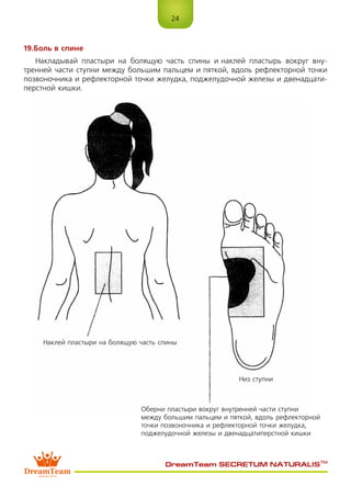 24
DreamTeam SECRETUM NATURALIS™
19.Боль в спине
Накладывай пластыри на болящую часть спины и наклей пластырь вокруг вну-
тренней части ступни между большим пальцем и пяткой, вдоль рефлекторной точки
позвоночника и рефлекторной точки желудка, поджелудочной железы и двенадцати-
перстной кишки.
Наклей пластыри на болящую часть спины
Оберни пластыри вокруг внутренней части ступни
между большим пальцем и пяткой, вдоль рефлекторной
точки позвоночника и рефлекторной точки желудка,
поджелудочной железы и двенадцатиперстной кишки
Низ ступни
 