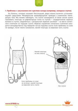 9
www.dtbiz.ru
1. Проблемы с засыпанием или чувством холода (например, холодные ступни)
Эту болезнь, которую называют бессонницей, редко можно вылечить успокаива-
ющими средствами. Неправильное кровообращение приводит к изменению темпе-
ратуры тела. Мы можем наблюдать, что ступни охлаждаются. В таком случае нужно
наклеивать пластырь на рефлекторные точки на ступнях – сосредоточение нервных
волокон в ступне, соединённых с центральной нервной системой – на место солнеч-
ного сплетения на подошве ступни. Нервное отражение солнечного сплетения нахо-
дится непосредственно под передней частью подъёма ступни. Если проблемы со сном
не пройдут, после такого наложения, наклей пластырь на верхнюю часть ступни.
Наклей пластырь
на всю плюсну
Если проблемы со сном
не исчезнут, наклей пластырь
на верхнюю часть ступни
Низ ступни
 