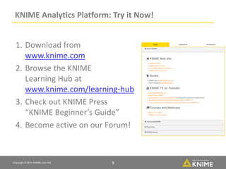 Copyright © 2014 KNIME.com AG 9
KNIME Analytics Platform: Try it Now!
1. Download from
www.knime.com
2. Browse the KNIME
L...