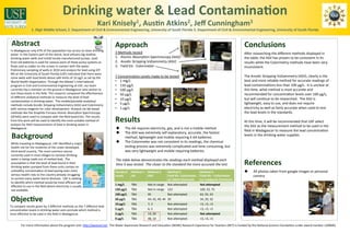 Drinking	
  water	
  &	
  Lead	
  Contamina2on	
  
                                                                                                           Kari	
  Knisely1,	
  Aus2n	
  Atkins2,	
  Jeﬀ	
  Cunningham3	
  
                         1.	
  Sligh	
  Middle	
  School;	
  2.	
  Department	
  of	
  Civil	
  &	
  Environmental	
  Engineering,	
  University	
  of	
  South	
  Florida	
  3.	
  Department	
  of	
  Civil	
  &	
  Environmental	
  Engineering,	
  University	
  of	
  South	
  Florida	
  


 Abstract	
                                                                                                            Approach	
                                                                                                                                  Conclusions	
  
In	
  Madagascar	
  only	
  47%	
  of	
  the	
  popula+on	
  has	
  access	
  to	
  clean	
  drinking	
  
water.	
  In	
  the	
  Eastern	
  part	
  of	
  the	
  island,	
  local	
  ar+sans	
  dig	
  shallow	
  
                                                                                                                       3	
  Methods	
  tested	
                                                                                                                    Aker	
  researching	
  the	
  diﬀerent	
  methods	
  displayed	
  in	
  
drinking	
  water	
  wells	
  and	
  install	
  locally	
  manufactured	
  pumps.	
  Lead	
                            1.  Atomic	
  Absorp+on	
  Spectroscopy	
  (AAS)	
                                                                                          the	
  table,	
  the	
  ASV	
  has	
  proven	
  to	
  be	
  consistent	
  in	
  its	
  
from	
  old	
  ba5eries	
  is	
  used	
  for	
  various	
  parts	
  of	
  these	
  pump	
  systems	
  as	
             2.  Anodic	
  Stripping	
  Voltammetry	
  (ASV)	
                                                                                           results	
  while	
  the	
  Colorimetry	
  methods	
  have	
  been	
  very	
  
ﬂoats	
  and	
  as	
  solder	
  on	
  the	
  screen	
  in	
  contact	
  with	
  the	
  water.	
                        3.  Field	
  Kit	
  -­‐	
  Colorimeter	
                                                                                                    inconsistent.	
  	
  	
  
Preliminary	
  sampling	
  of	
  wells	
  in	
  2010	
  and	
  analysis	
  for	
  lead	
  using	
  ICP-­‐                                                                                                                                                          	
  
MS	
  at	
  the	
  University	
  of	
  South	
  Florida	
  (USF)	
  indicated	
  that	
  there	
  were	
  
some	
  wells	
  with	
  lead	
  levels	
  above	
  safe	
  limits	
  of	
  10	
  ug/L	
  as	
  set	
  by	
  the	
     7	
  Concentra+on	
  Levels	
  made	
  to	
  be	
  tested	
                                                                                 The	
  Anodic	
  Stripping	
  Voltammetry	
  (ASV),	
  clearly	
  is	
  the	
  
World	
  Health	
  Organiza+on.	
  Through	
  the	
  Master’s	
  Interna+onal	
                                        •  1	
  mg/L	
                                                                                                                              best	
  and	
  most	
  reliable	
  method	
  for	
  accurate	
  readings	
  of	
  
program	
  in	
  Civil	
  and	
  Environmental	
  Engineering	
  at	
  USF,	
  our	
  team	
                           •  150	
  μg/L	
                                                                                                                            lead	
  contamina+ons	
  less	
  than	
  100	
  μg/L.	
  	
  It	
  is	
  unclear	
  at	
  
currently	
  has	
  a	
  member	
  on	
  the	
  ground	
  in	
  Madagascar	
  who	
  wishes	
  to	
                    •  100	
  μg/L	
                                                                                                                            this	
  +me,	
  what	
  method	
  is	
  most	
  accurate	
  and	
  
test	
  these	
  levels	
  in	
  the	
  ﬁeld.	
  This	
  research	
  compared	
  the	
  eﬀec+veness	
                  •  50	
  μg/L	
                                                                                                                             recommended	
  for	
  concentra+on	
  levels	
  over	
  100	
  μg/L,	
  
of	
  diﬀerent	
  analy+cal	
  methods	
  to	
  measure	
  the	
  level	
  of	
  lead	
  
                                                                                                                       •  10	
  μg/L	
                                                                                                                             but	
  will	
  con+nue	
  to	
  be	
  researched.	
  	
  The	
  ASV	
  is	
  
contamina+on	
  in	
  drinking	
  water.	
  	
  The	
  mobile/portable	
  analy+cal	
  
methods	
  include	
  Anodic	
  Stripping	
  Voltammetry	
  (ASV)	
  and	
  Colorimetry	
                              •  5	
  μg/L	
                                                                                                                              lightweight,	
  easy	
  to	
  use,	
  and	
  does	
  not	
  require	
  
with	
  various	
  reagents	
  for	
  color	
  development.	
  Analysis	
  via	
  lab	
  based	
                       •  1	
  μg/L	
                                                                                                                              electricity	
  as	
  well	
  as	
  fairly	
  accurate	
  when	
  used	
  to	
  test	
  
methods	
  like	
  the	
  Graphite	
  Furnace	
  Atomic	
  Absorp+on	
  Spectroscopy	
                                                                                                                                                                             the	
  lead	
  levels	
  in	
  the	
  standards.	
  	
  	
  

                                                                                                                       Results	
                                                                                                                                   	
  
(GFAAS)	
  were	
  used	
  to	
  compare	
  with	
  the	
  ﬁeld	
  based	
  kits.	
  The	
  results	
  
from	
  this	
  work	
  will	
  be	
  used	
  to	
  iden+fy	
  the	
  most	
  suitable	
  method	
  of	
                                                                                                                                                           At	
  this	
  +me,	
  it	
  will	
  be	
  recommended	
  that	
  USF	
  select	
  
analysis	
  for	
  ﬁeld	
  measurements	
  of	
  lead	
  in	
  drinking	
  water	
  in	
                                                                                                                                                                           the	
  ASV	
  as	
  the	
  measurement	
  method	
  to	
  be	
  used	
  in	
  the	
  
Madagascar.	
                                                                                                          u           The	
  AA	
  requires	
  electricity,	
  gas,	
  and	
  is	
  not	
  a	
  mobile	
  method	
  
	
                                                                                                                                                                                                                                                                 ﬁeld	
  in	
  Madagascar	
  to	
  measure	
  the	
  lead	
  concentra+on	
  
                                                                                                                       u           The	
  ASV	
  was	
  extremely	
  self	
  explanatory,	
  accurate,	
  the	
  fastest	
  
 Background	
                                                                                                                       method,	
  lightweight	
  and	
  mobile	
  requiring	
  4	
  AA	
  ba5eries	
  
                                                                                                                                                                                                                                                                   levels	
  in	
  the	
  drinking	
  water	
  supplies.	
  

 While	
  traveling	
  to	
  Madagascar,	
  USF	
  iden+ﬁed	
  a	
  major	
  
                                                                                                                       u           The	
  Colorimeter	
  was	
  not	
  consistent	
  in	
  its	
  readings,	
  the	
  chemical	
  
 health	
  risk	
  for	
  the	
  residents	
  of	
  the	
  under	
  developed	
                                                     tes+ng	
  process	
  was	
  extremely	
  complicated	
  and	
  +me	
  consuming,	
  but	
  
 third	
  world	
  country.	
  The	
  most	
  common	
  source	
                                                                    was	
  very	
  lightweight	
  and	
  mobile	
  requiring	
  ba5eries.	
  	
  	
  
 currently	
  used	
  in	
  most	
  villages	
  to	
  retrieve	
  drinking	
                                           	
  
 water	
  is	
  being	
  made	
  out	
  of	
  melted	
  lead.	
  	
  The	
  
 assump+on	
  is	
  that	
  the	
  level	
  of	
  lead	
  found	
  in	
  their	
  
 drinking	
  water	
  pumped	
  from	
  these	
  units	
  contain	
  an	
  
                                                                                                                       The	
  table	
  below	
  demonstrates	
  the	
  readings	
  each	
  method	
  displayed	
  each	
  
                                                                                                                       5me	
  it	
  was	
  tested.	
  	
  The	
  closer	
  to	
  the	
  standard	
  the	
  more	
  accurate	
  the	
  test.	
                      References	
  
 unhealthy	
  concentra+on	
  of	
  lead	
  posing	
  even	
  more	
                                                   Standard	
  	
   Method	
  1	
  	
   Method	
  2	
                Method	
  3	
                      Method	
  3	
                          u       All	
  photos	
  taken	
  from	
  google	
  images	
  or	
  personal	
  
 serious	
  health	
  risks	
  to	
  the	
  country	
  already	
  struggling	
                                         Levels	
         AA	
                ASV	
                        Field	
  Kit-­‐	
  Colorimeter	
   Field	
  Kit	
  –	
  Colorimeter	
              camera	
  
 to	
  survive	
  many	
  water	
  borne	
  illnesses.	
  	
  USF	
  is	
  seeking	
                                                                                                     w/	
  HACH	
  Chemicals	
  	
   w/	
  Leadquick	
  Chemicals	
  
 to	
  iden+fy	
  which	
  method	
  would	
  be	
  most	
  eﬃcient	
  yet	
  
                                                                                                                       1	
  mg/L	
           TBA	
         Not	
  in	
  range	
          Not	
  a5empted	
                  Not	
  aWempted	
                      	
  
 eﬀec+ve	
  to	
  use	
  in	
  the	
  ﬁeld	
  where	
  electricity	
  is	
  usually	
  
 not	
  available.	
                                                                                                   150	
  μg/L	
         TBA	
         Not	
  in	
  range	
          123	
                              100,	
  55,	
  75	
  
                                                                                                                       100	
  μg/L	
  	
     TBA	
         95	
                          Not	
  a5empted	
                  63,	
  55,	
  43	
  
Objec2ve	
                                                                                                             50	
  μg/L	
  
                                                                                                                       10	
  μg/L	
  
                                                                                                                                             TBA	
  
                                                                                                                                             TBA	
  
                                                                                                                                                           44,	
  42,	
  49,	
  44	
  
                                                                                                                                                           7,	
  3	
  
                                                                                                                                                                                         30	
  
                                                                                                                                                                                         Not	
  a5empted	
  
                                                                                                                                                                                                                            34,	
  29,	
  32	
  
                                                                                                                                                                                                                            <3,	
  <3,	
  <3	
  
To	
  compare	
  results	
  given	
  by	
  3	
  diﬀerent	
  methods	
  on	
  the	
  7	
  diﬀerent	
  lead	
  
concentra+on	
  levels	
  in	
  drinking	
  water	
  and	
  conclude	
  which	
  method	
  is	
                        5	
  μg/L	
           TBA	
         6,	
  5	
                     Not	
  a5empted	
                  <3,	
  <3,	
  <3	
  
most	
  eﬀec+ve	
  to	
  be	
  used	
  in	
  the	
  ﬁeld	
  in	
  Madagascar.	
                                        2	
  μg/L	
           TBA	
         14,	
  20	
                   Not	
  a5empted	
                  Not	
  aWempted	
  
                                                                                                                       0	
  μg/L	
           TBA	
         48,	
  14	
                   Not	
  a5empted	
                  <3,	
  <3,	
  <3	
  

             For	
  more	
  informa+on	
  about	
  the	
  program	
  visit:	
  h5p://wareret.net.	
  	
  The	
  Water	
  Awareness	
  Research	
  and	
  Educa+on	
  (WARE)	
  Research	
  Experience	
  for	
  Teachers	
  (RET)	
  is	
  funded	
  by	
  the	
  Na+onal	
  Science	
  Founda+on	
  under	
  award	
  number	
  1200682.	
  
                                                                                                                                                                        	
  
 