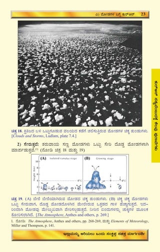 27
PÀÄgïD£ï¸ÀvÀåªÉA§ÄzÀPÉÌPÉ®ªÀÅ¥ÀÅgÁªÉUÀ¼ÀÄ
2) ¸ÉÃgÀÄvÀÛªÉ: vÀgÀÄªÁAiÀÄ ¸ÀtÚ ªÉÆÃqÀUÀ¼ÀÄ MlÄÖ ¸ÉÃj zÉÆqÀØ ªÉÆÃqÀUÀ¼ÁV
ªÀiÁ¥ÀðqÀÄvÀÛªÉ.(1)
(£ÉÆÃr avÀæ 18 ªÀÄvÀÄÛ 19)
J) ªÉÆÃqÀUÀ¼À §UÉÎ PÀÄgïD£ï 23
E¸ÁèªÀÄ£ÀÄß CjAiÀÄ®Ä MAzÀÄ ¸ÀAQë¥ÀÛ ¸ÀavÀæ ªÀiÁUÀðzÀ²ð
1. £ÉÆÃr: The Atmosphere, Anthes and others, pp. 268-269, ªÀÄvÀÄÛ Elements of Meteorology,
Miller and Thompson, p. 141.
avÀæ 18. QëwdzÀ §½ MlÄÖUÀÆqÀÄªÀ ªÀ®AiÀÄzÀ PÀqÉUÉ ZÀ°¸ÀÄwÛgÀÄªÀ ªÉÆÃqÀUÀ¼À aPÀÌ vÀÄAqÀÄUÀ¼ÀÄ.
[Clouds and Storms, Ludlam, plate 7.4.]
avÀæ 19. (A) ¨ÉÃgÉ ¨ÉÃgÉAiÀiÁVgÀÄªÀ ªÉÆÃqÀzÀ aPÀÌ vÀÄAqÀÄUÀ¼ÀÄ. (B) aPÀÌ aPÀÌ ªÉÆÃqÀUÀ¼ÀÄ
MlÄÖ ¸ÉÃgÀÄªÁUÀ, zÉÆqÀØ ªÉÆÃqÀzÉÆ¼ÀV£À ªÉÄÃ¯ÉÃgÀÄªÀ MvÀÛqÀzÀ UÁ½ ºÉZÁÑUÀÄvÀÛzÉ. EzÀ-
jAzÁV ªÉÆÃqÀªÀÅ ªÉÄÃ®ÄäRªÁV ¥ÉÃj¸À®àqÀÄvÀÛzÉ. ¤Ãj£À ©AzÀÄUÀ¼À£ÀÄß ZÀÄQÌUÀ¼À ªÀÄÆ®PÀ
vÉÆÃj¸À¯ÁVzÉ. [The Atmosphere, Anthes and others, p. 269.]
 