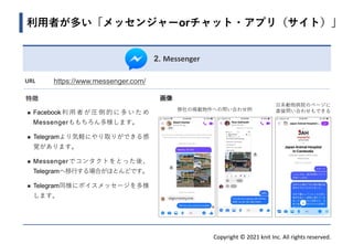 Copyright © 2021 knit Inc. All rights reserved.
2. Messenger
利用者が多い「メッセンジャーorチャット・アプリ（サイト）」
URL https://www.messenger.com/
特徴
◼ Facebook 利 用 者 が 圧 倒 的 に 多 い た め
Messengerももちろん多様します。
◼ Telegramより気軽にやり取りができる感
覚があります。
◼ Messengerでコンタクトをとった後、
Telegramへ移行する場合がほとんどです。
◼ Telegram同様にボイスメッセージを多様
します。
画像
弊社の掲載物件への問い合わせ例
日系動物病院のページに
直接問い合わせもできる
 