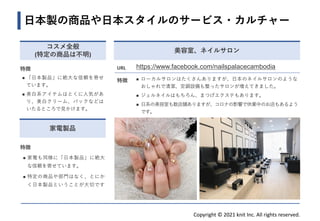 Copyright © 2021 knit Inc. All rights reserved.
特徴
◼ 「日本製品」に絶大な信頼を寄せ
ています。
◼ 美白系アイテムはとくに人気があ
り、美白クリーム、パックなどは
いたるところで見かけます。
日本製の商品や日本スタイルのサービス・カルチャー
コスメ全般
(特定の商品は不明)
特徴
◼ 家電も同様に「日本製品」に絶大
な信頼を寄せています。
◼ 特定の商品や部門はなく、とにか
く日本製品ということが大切です。
家電製品
美容室、ネイルサロン
URL https://www.facebook.com/nailspalacecambodia
特徴 ◼ ローカルサロンはたくさんありますが、日本のネイルサロンのような
おしゃれで清潔、空調設備も整ったサロンが増えてきました。
◼ ジェルネイルはもちろん、まつげエクステもあります。
◼ 日系の美容室も数店舗ありますが、コロナの影響で休業中のお店もあるよう
です。
 