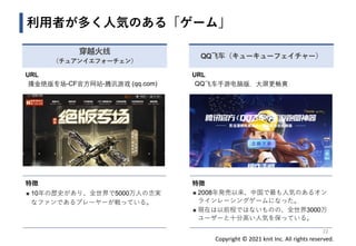 Copyright © 2021 knit Inc. All rights reserved.
利用者が多く人気のある「ゲーム」
穿越火线
（チュアンイエフォーチェン）
URL
摸金绝版专场-CF官方网站-腾讯游戏 (qq.com)
特徴
◼ 10年の歴史があり、全世界で5000万人の忠実
なファンであるプレーヤーが戦っている。
22
QQ飞车（キューキューフェイチャー）
URL
QQ飞车手游电脑版，大屏更畅爽
特徴
◼ 2008年発売以来、中国で最も人気のあるオン
ラインレーシングゲームになった。
◼ 現在は以前程ではないものの、全世界3000万
ユーザーと十分高い人気を保っている。
 