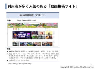 Copyright © 2021 knit Inc. All rights reserved.
利用者が多く人気のある「動画投稿サイト」
27
bilibili哔哩哔哩（ビリビリ）
URL https://www.bilibili.com/
特徴
◼ 2009年6月26日に開設され、2018年3月28日、米国のナスダックに上場。
◼ ACG（アニメーション、コミック、ゲーム）コンテンツの作成と共
有のためのビデオサイトだったが、ユーザー、クリエイターを中心
に高品質のコンテンツを継続的に制作するエコシステムを構築。
◼ 25歳以下のユーザーが中心
（出典：bilibili_百度百科 (baidu.com)）
 