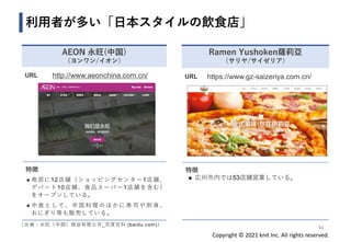 Copyright © 2021 knit Inc. All rights reserved.
URL http://www.aeonchina.com.cn/
特徴
◼ 南部に12店舗（ショッピングセンター1店舗、
デパート10店舗、食品スーパー1店舗を含む）
をオープンしている。
◼ 中 食 と し て 、 中 国 料 理 の ほ か に 寿 司 や 刺 身 、
おにぎり等も販売している。
利用者が多い「日本スタイルの飲食店」
AEON 永旺(中国)
（ヨンワン/イオン）
34
URL https://www.gz-saizeriya.com.cn/
特徴
◼ 広州市内では53店舗営業している。
Ramen Yushoken薩莉亞
（サリヤ/サイゼリア）
（出典：永旺（中国）商业有限公司_百度百科 (baidu.com)）
 