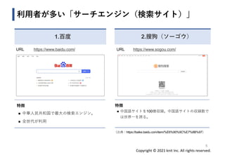 Copyright © 2021 knit Inc. All rights reserved.
利用者が多い「サーチエンジン（検索サイト）」
5
1.百度 2.搜狗（ソーゴウ）
URL https://www.baidu.com/
特徴
◼ 中華人民共和国で最大の検索エンジン。
◼ 全世代が利用
URL https://www.sogou.com/
特徴
◼ 中国語サイトを100億収録。中国語サイトの収録数で
は世界一を誇る。
（出典：https://baike.baidu.com/item/%E6%90%9C%E7%8B%97）
 