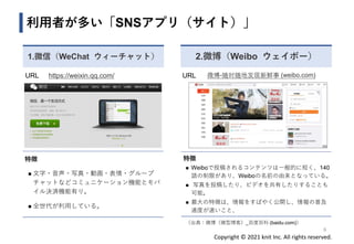 Copyright © 2021 knit Inc. All rights reserved.
URL 微博-随时随地发现新鲜事 (weibo.com)
特徴
◼ Weiboで投稿されるコンテンツは一般的に短く、140
語の制限があり、Weiboの名前の由来となっている。
◼ 写真を投稿したり、ビデオを共有したりすることも
可能。
◼ 最大の特徴は、情報をすばやく公開し、情報の普及
速度が速いこと、
1.微信（WeChat ウィーチャット）
利用者が多い「SNSアプリ（サイト）」
URL https://weixin.qq.com/
特徴
◼ 文字・音声・写真・動画・表情・グループ
チャットなどコミュニケーション機能とモバ
イル決済機能有り。
◼ 全世代が利用している。
2.微博（Weibo ウェイボー）
6
（出典：微博（微型博客）_百度百科 (baidu.com)）
 