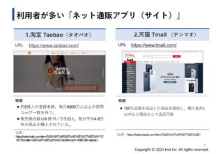 Copyright © 2021 knit Inc. All rights reserved.
利用者が多い「ネット通販アプリ（サイト）」
1.淘宝 Taobao（タオバオ）
URL https://www.taobao.com/
特徴
◼ 約5億人の登録者数、毎日6000万人以上の訪問
ユ―ザー数を持つ。
◼ 販売商品数は8 億 件／日を超え、毎分平均4.8万
件の商品が購入されている。
2.天猫 Tmall （テンマオ）
9
URL https://www.tmall.com/
特徴
◼ 100％品質を保証した商品を提供し、購入後7日
以内なら理由なしで返品可能
出典：
https://baike.baidu.com/item/%E6%B7%98%E5%AE%9D%E7%BD%91/112
187?fromtitle=%E6%B7%98%E5%AE%9D&fromid=145661&fr=aladdin）
（出典：https://baike.baidu.com/item/%E5%A4%A9%E7%8C%AB）
 